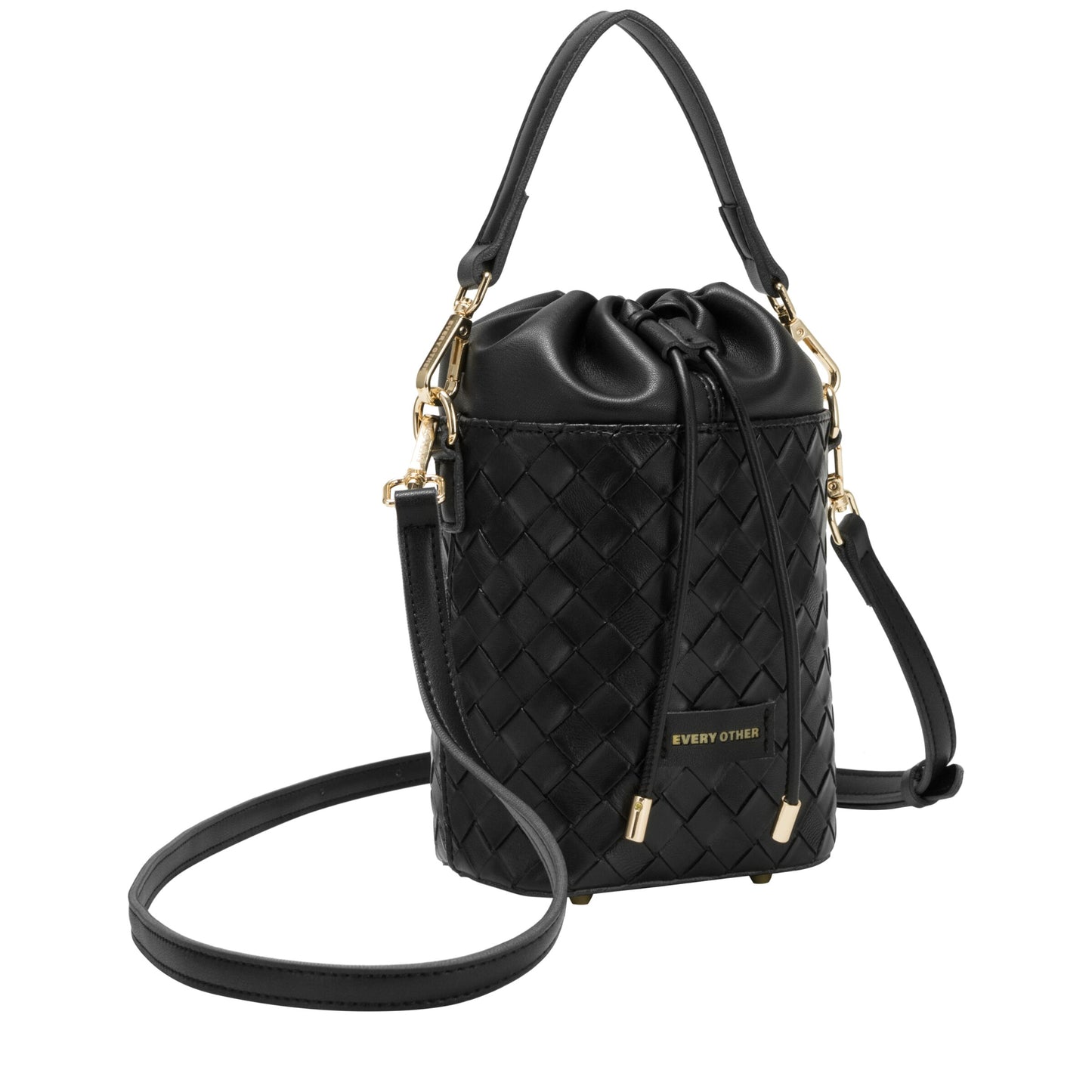 Woven Drawstring Bucket Bag - Black