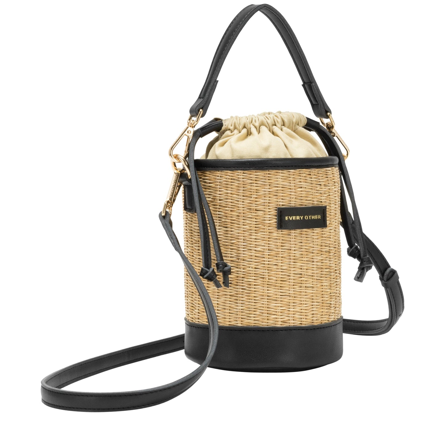 Straw Bucket Drawstring Bag- Black