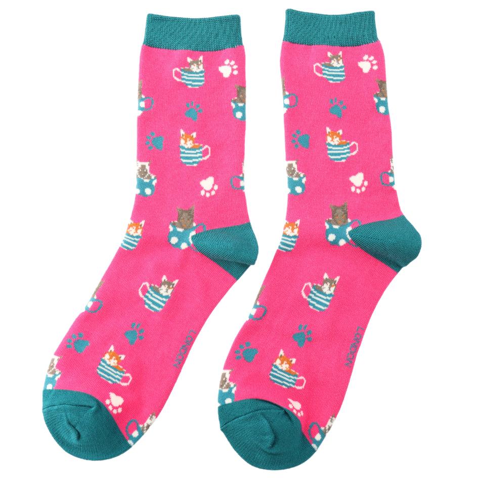 Cats in Teacups Bamboo Socks Hot Pink