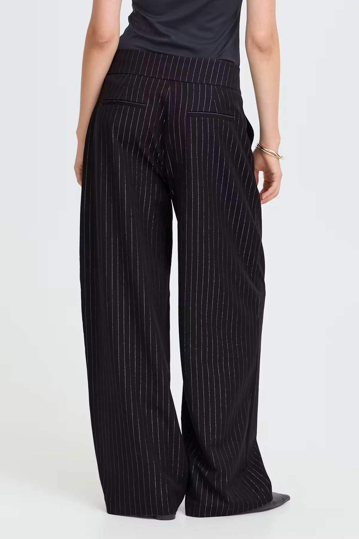 Frspin Trousers - Wide Leg Black Glitter Pin Stripe