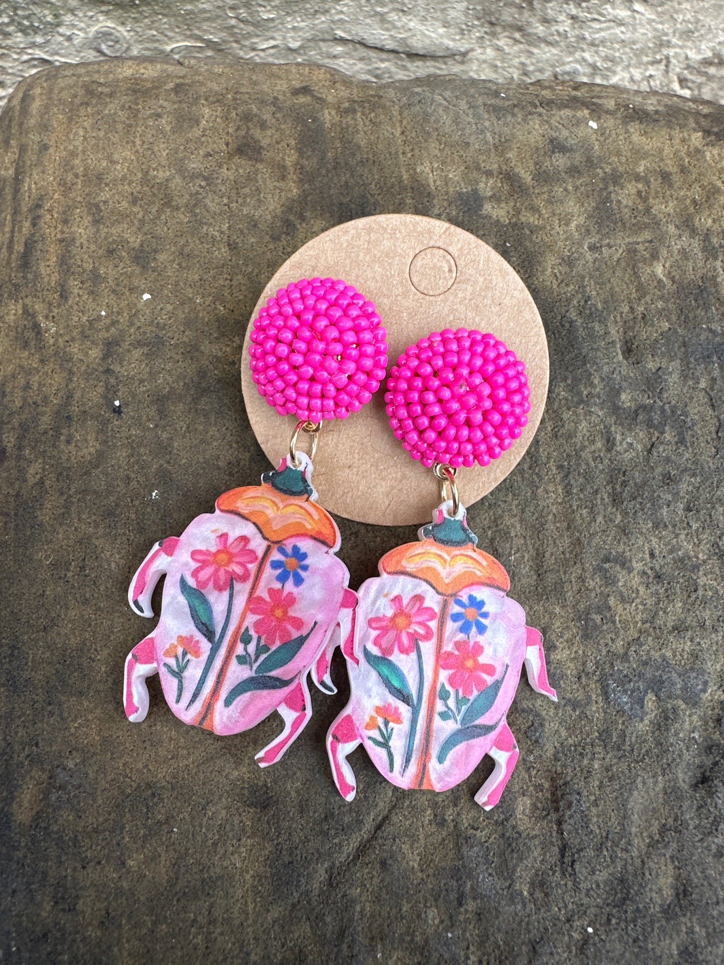 Pink Beetle Earrings