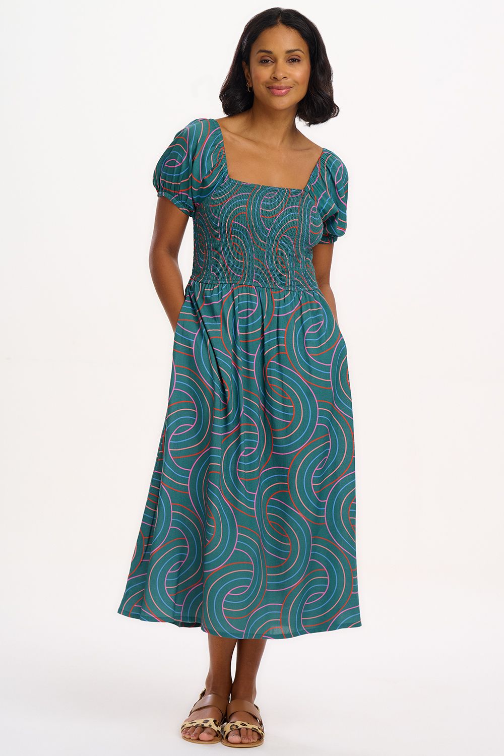 Jolene Shirred Midi Dress - Green, Concentric Circles
