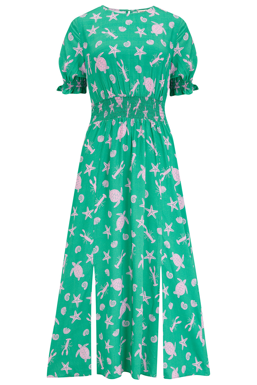Lindsay Shirred Midi Dress - Green/Pink, Sea Cove
