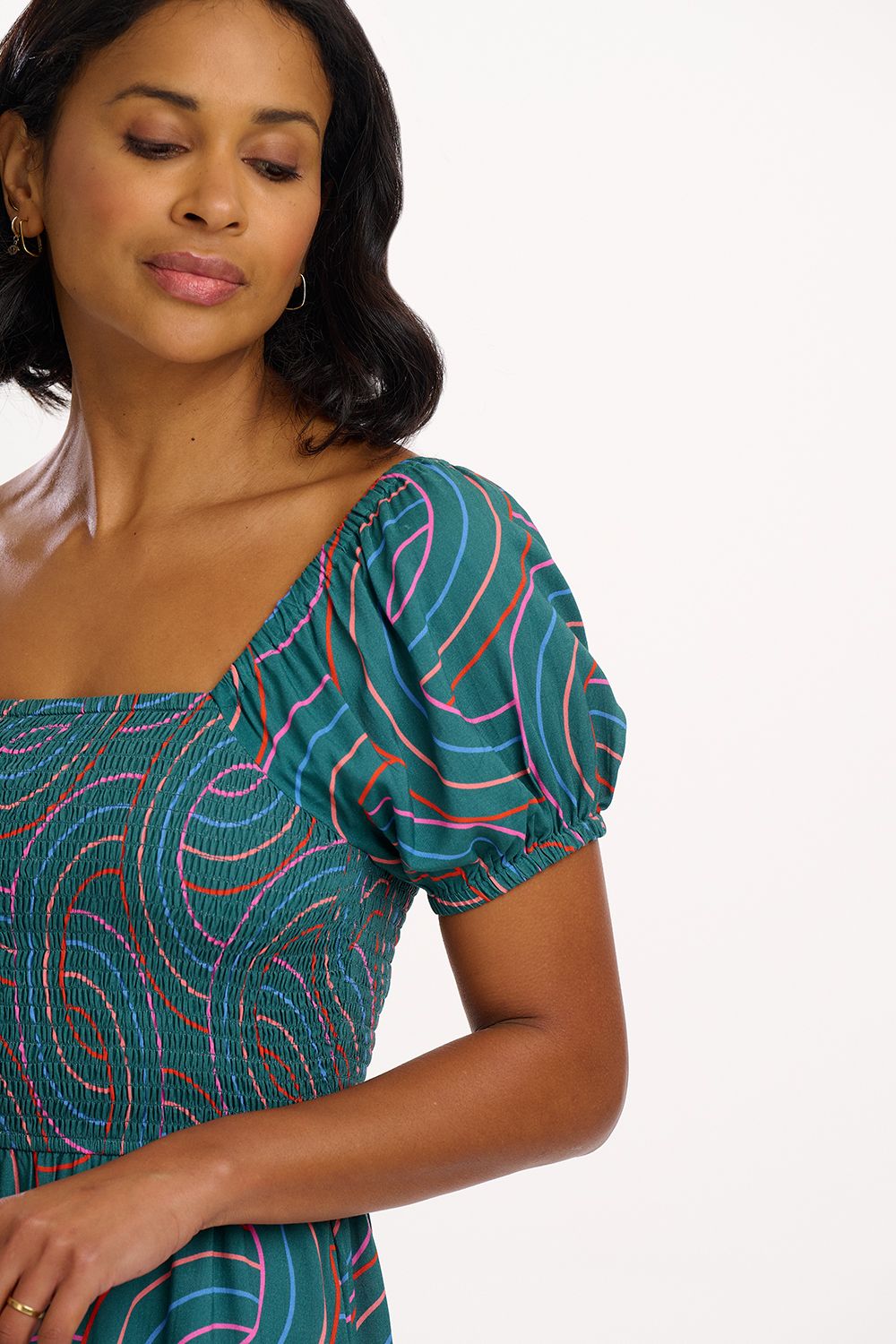 Jolene Shirred Midi Dress - Green, Concentric Circles