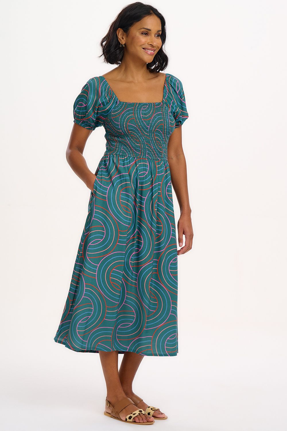 Jolene Shirred Midi Dress - Green, Concentric Circles