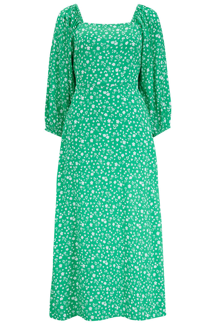 Catherine Shirred Midi Dress - Green, Scatter Print