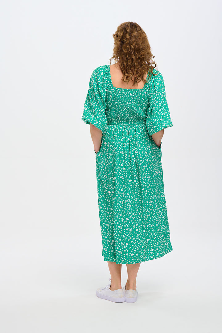 Catherine Shirred Midi Dress - Green, Scatter Print