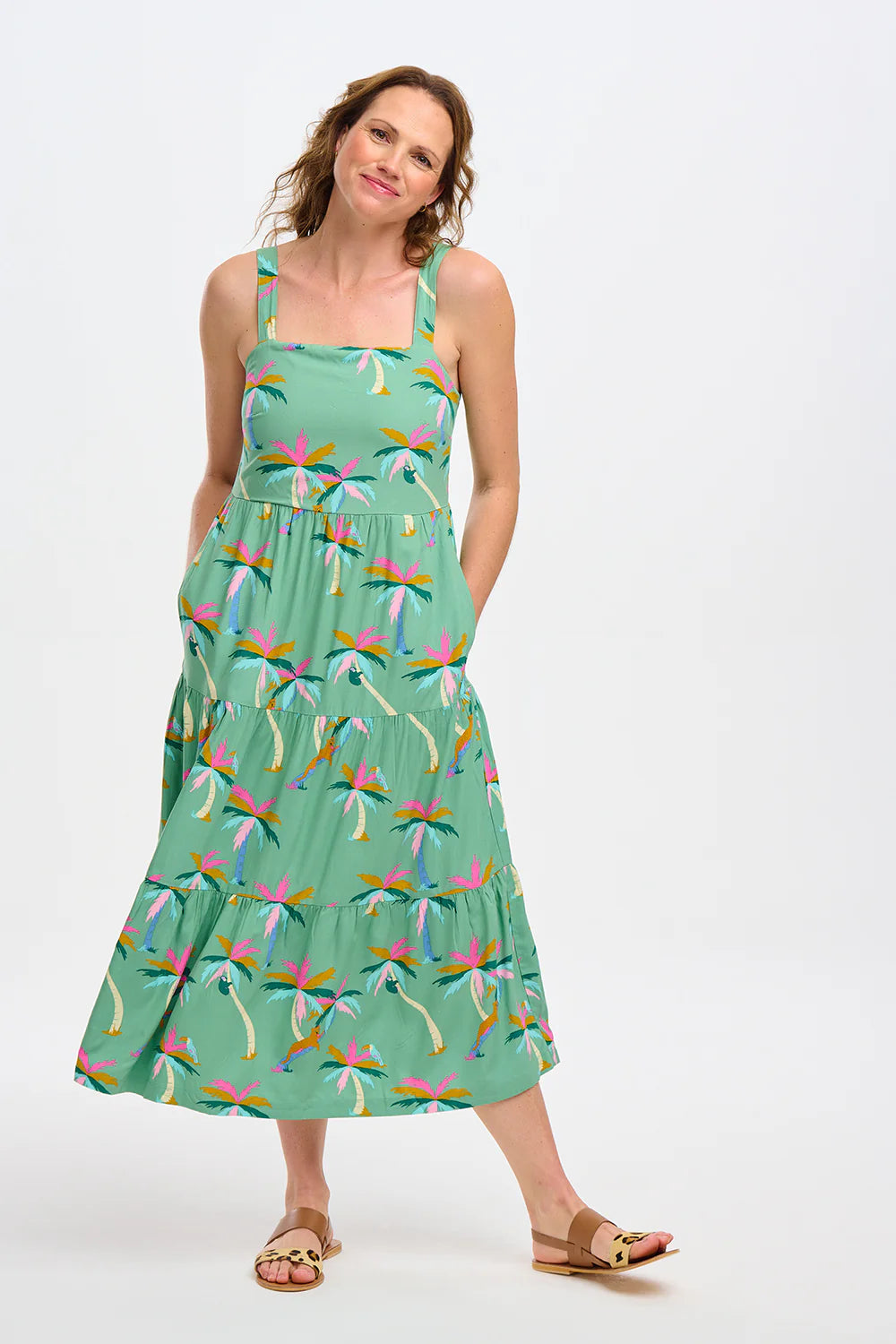 Elora Midi Tiered Sundress Green Rainbow Palms