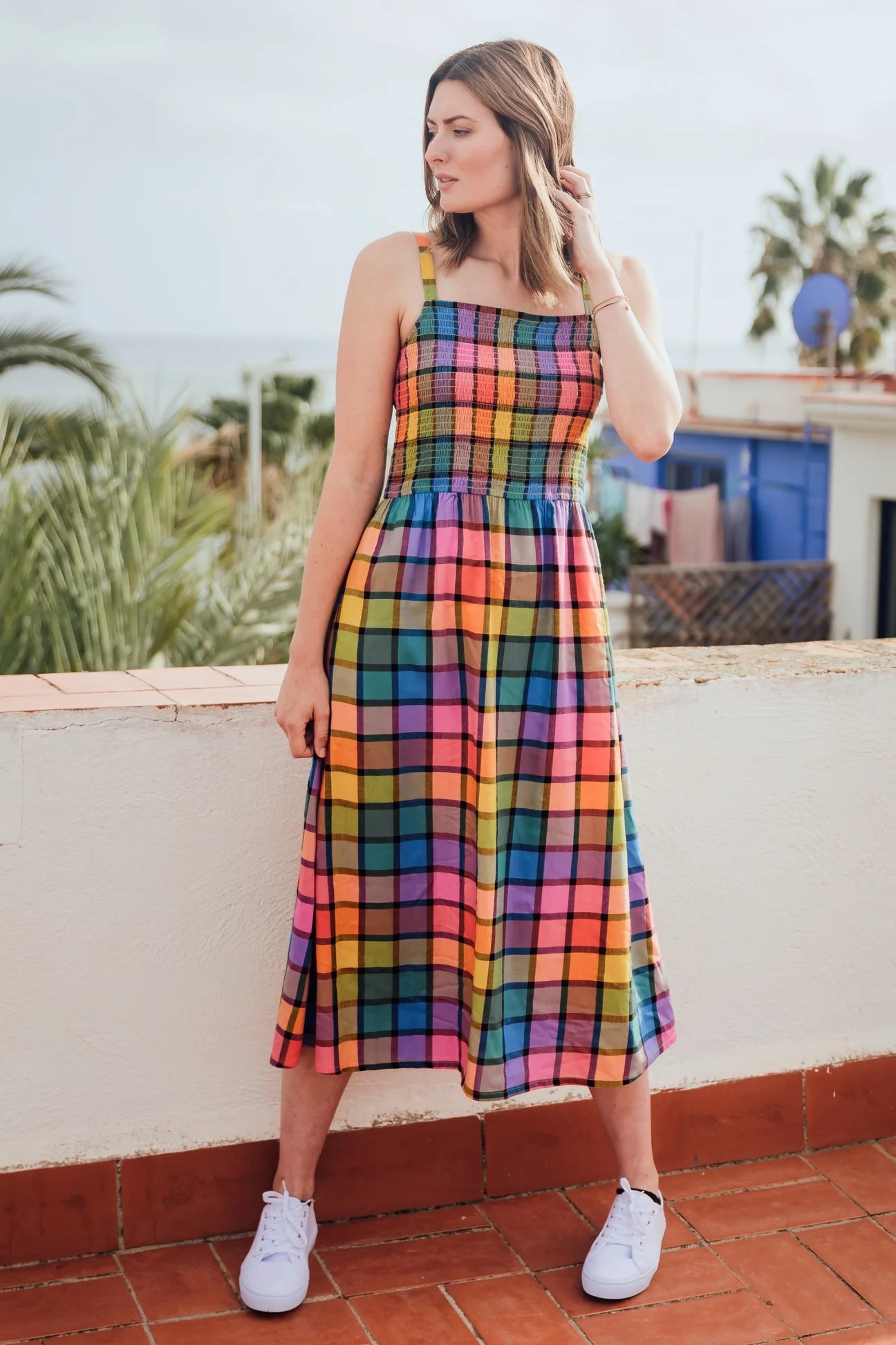 Denali Midi Shirred Sundress Multi Summer Rainbow Check