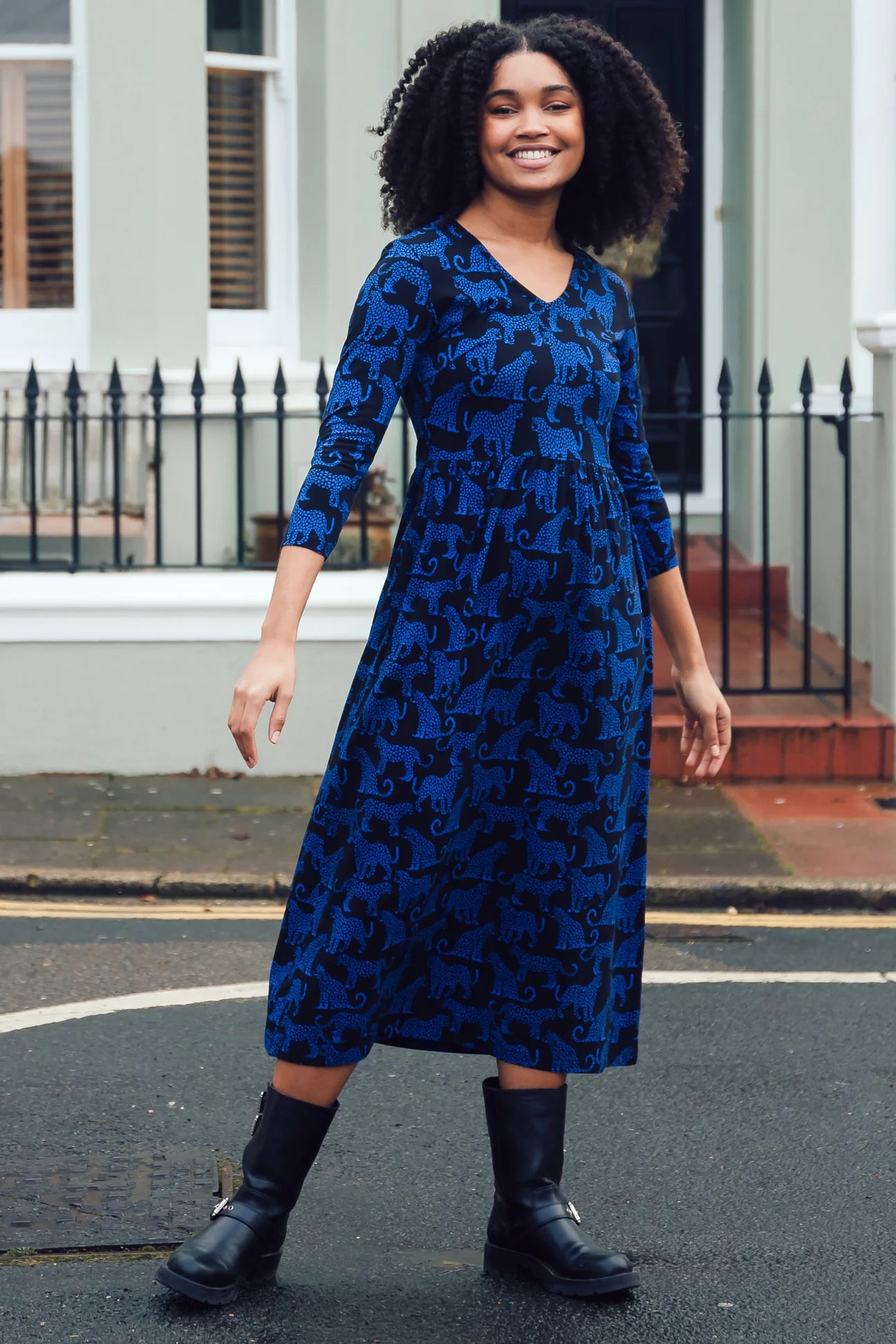 Evelyn Midi Jersey Dress Black Blue Leopard Spots Lottie s Atik