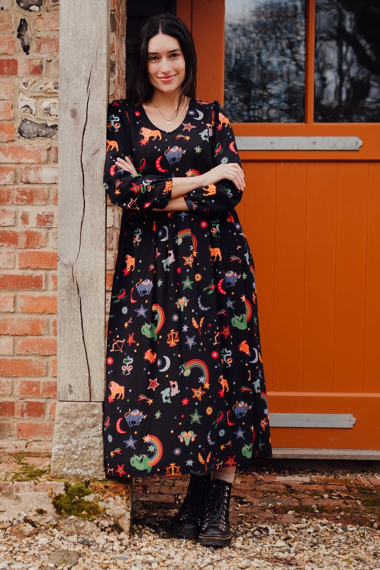 Sidney Midi Smock Dress - Black, Zodiac Rainbow Skies Lottie's Atik Sidney Midi Smock Dress - Black, Zodiac Rainbow Skies Lottie's Atik