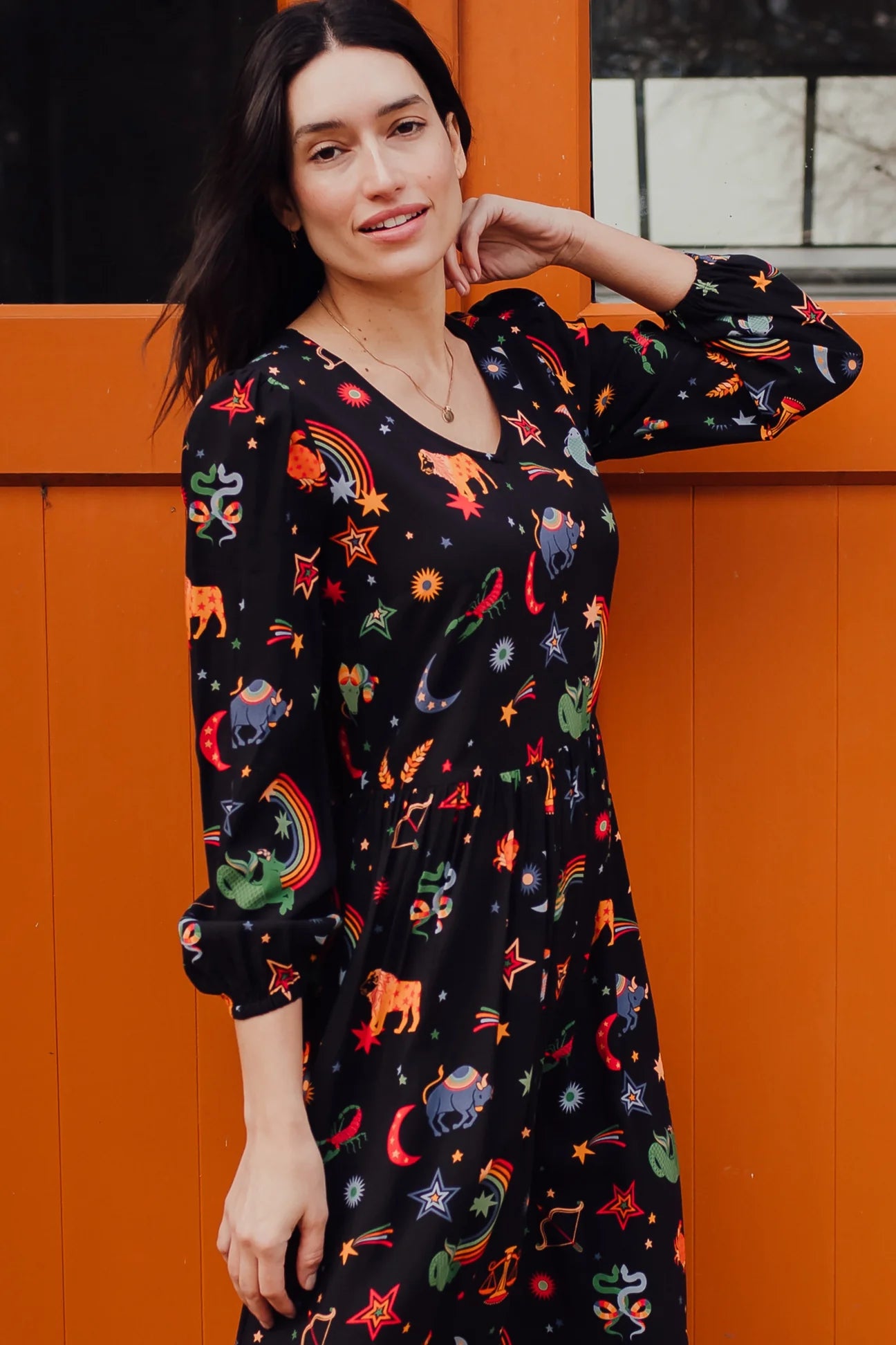 Sidney Midi Smock Dress - Black, Zodiac Rainbow Skies