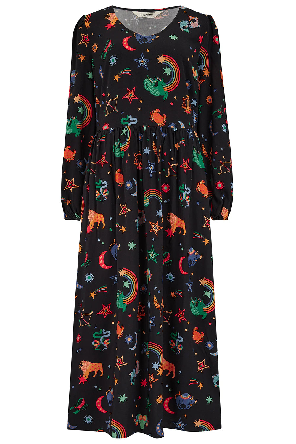 Sidney Midi Smock Dress - Black, Zodiac Rainbow Skies
