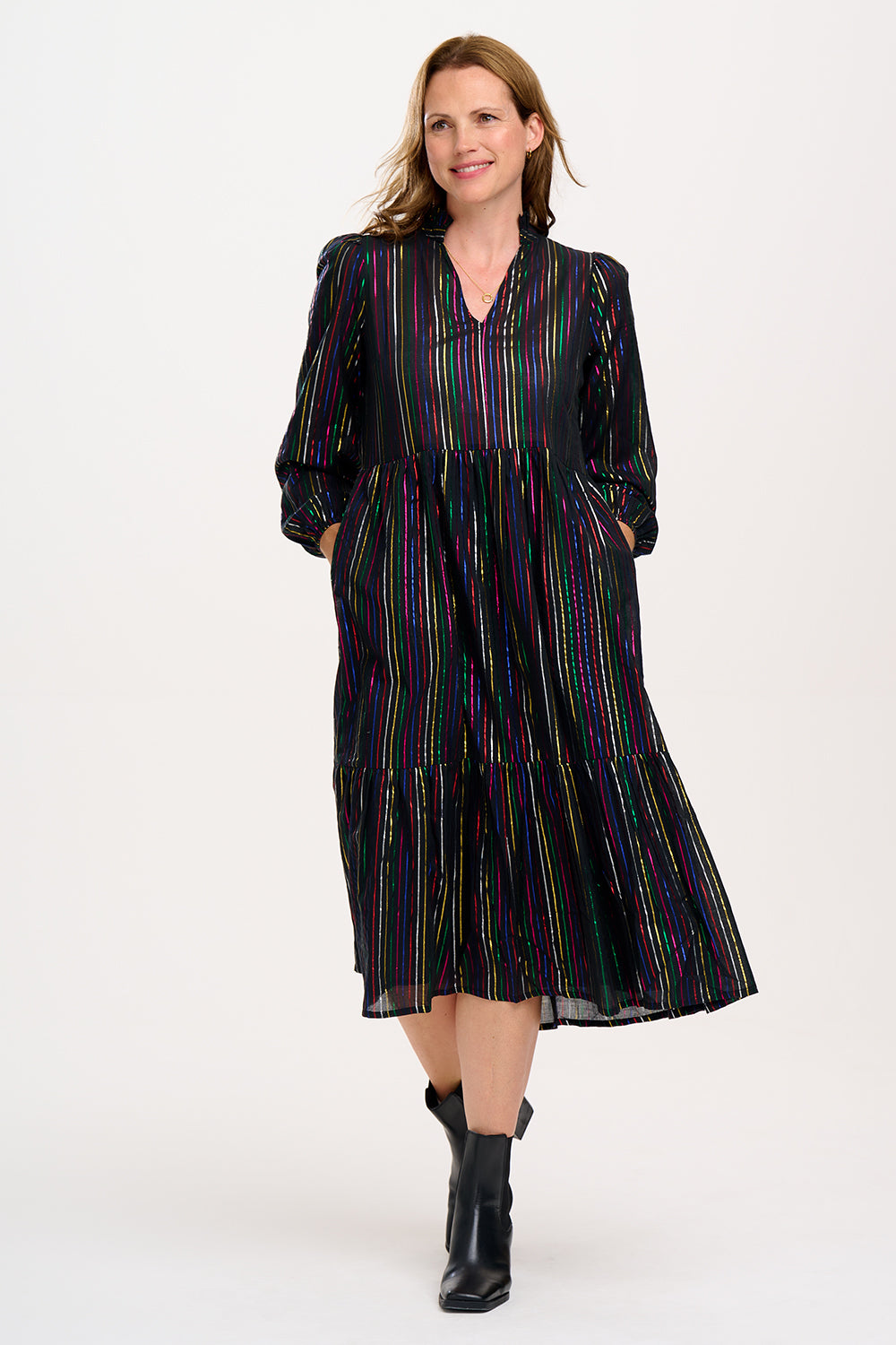 Esmeralda Midi Smock Dress - Black, Metallic Rainbow Stripe