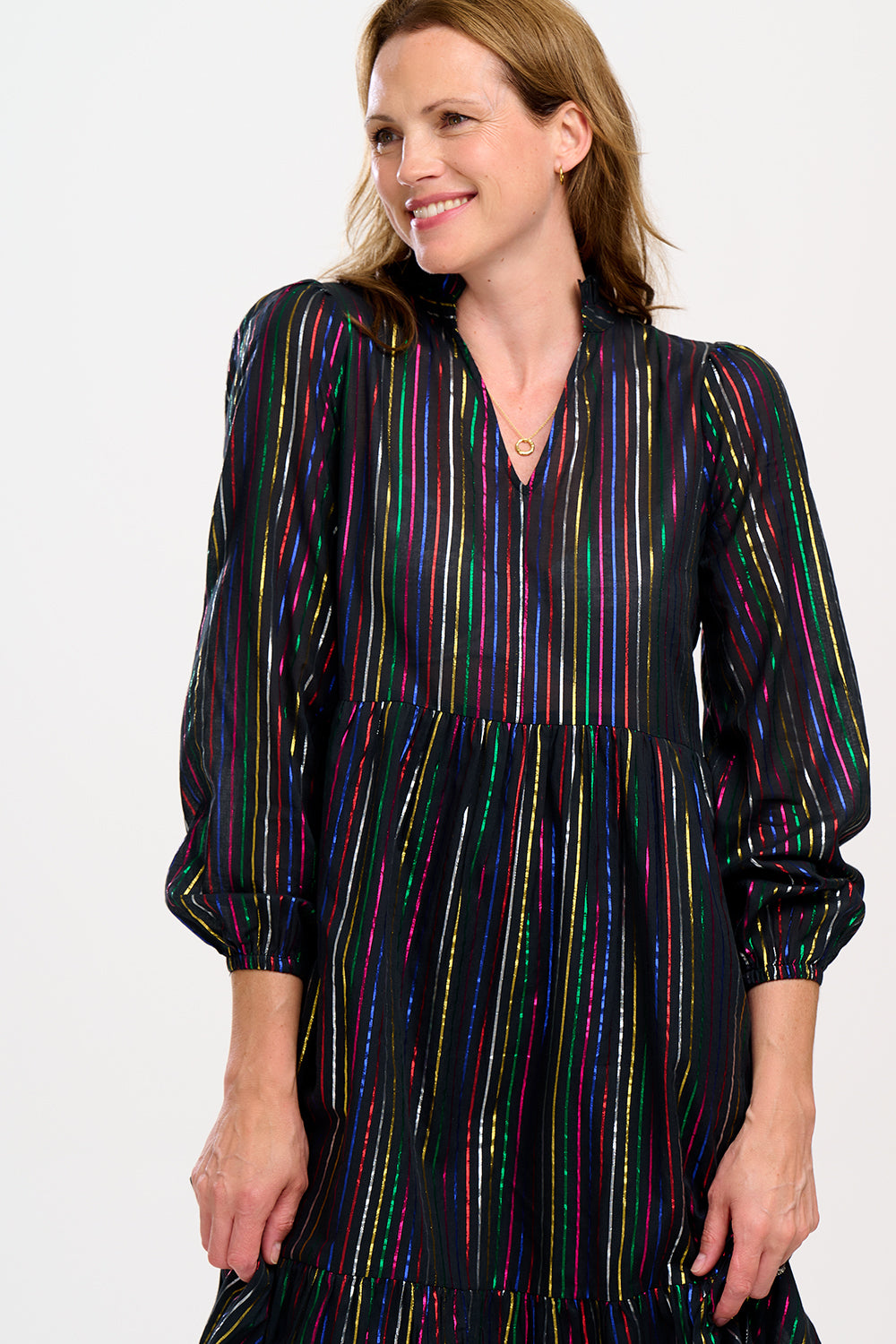 rainbow metallic stripe dress Black with Rainbow Metallic Stripe Puff Sleeve Midi Dress Scamp & Dude