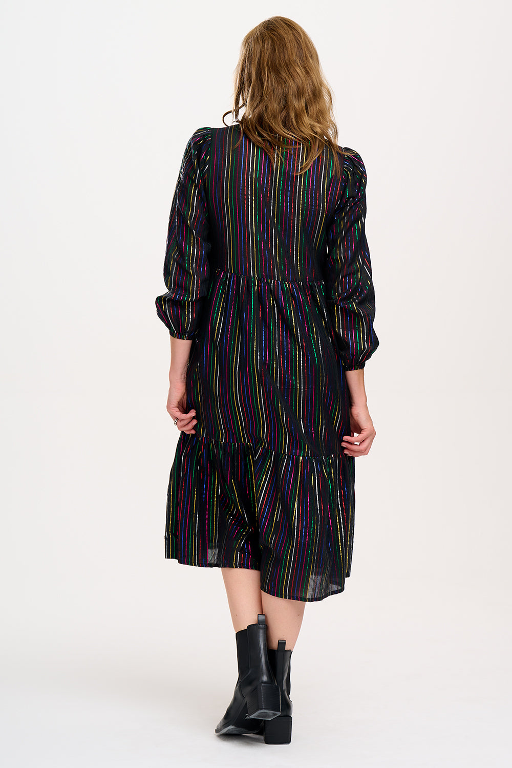Esmeralda Midi Smock Dress - Black, Metallic Rainbow Stripe