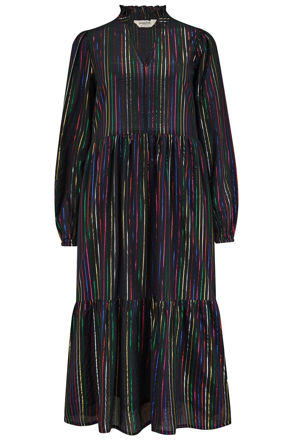Esmeralda Midi Smock Dress - Black, Metallic Rainbow Stripe