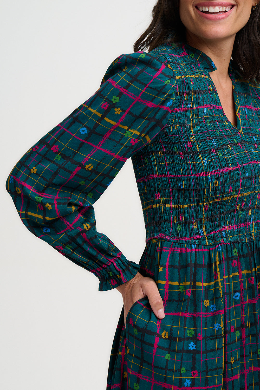Annalee Shirred Midi Dress - Teal Green, Doodle Check