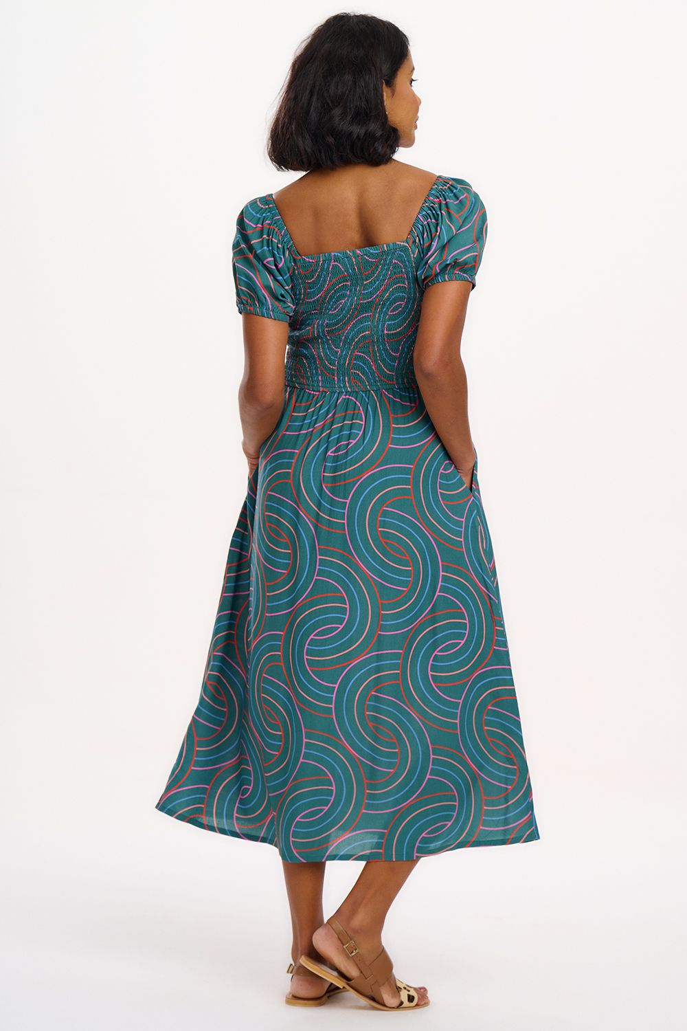 Jolene Shirred Midi Dress - Green, Concentric Circles