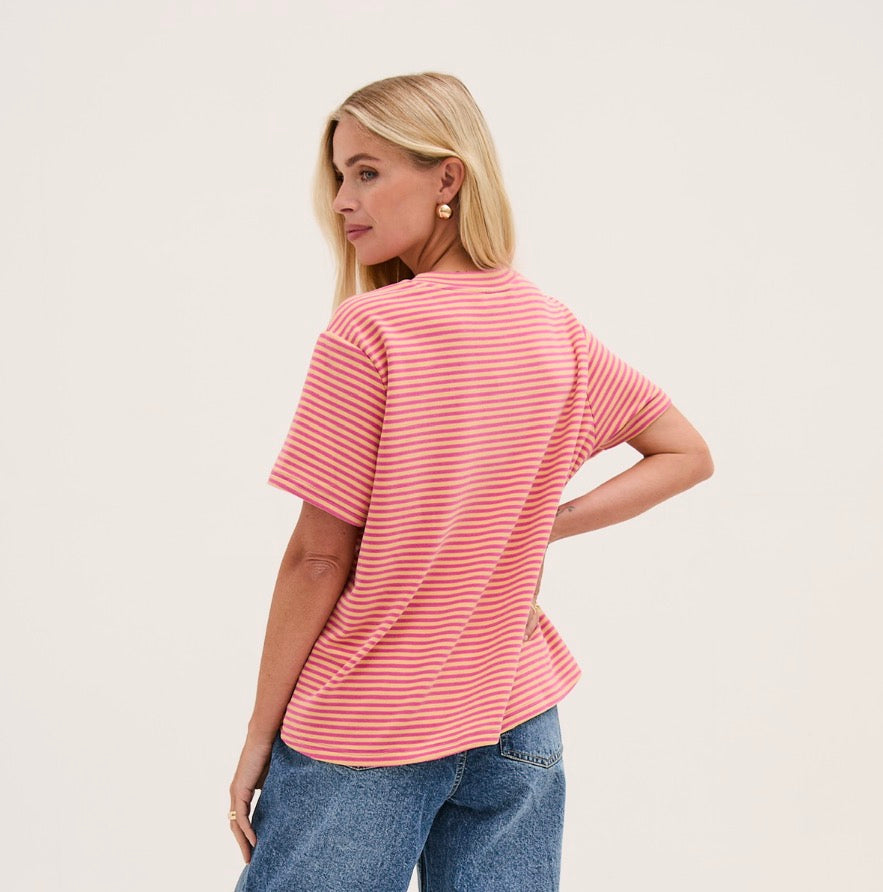 Ennis Stripe Super Soft T-Shirt with Pocket - Pink and Yellow