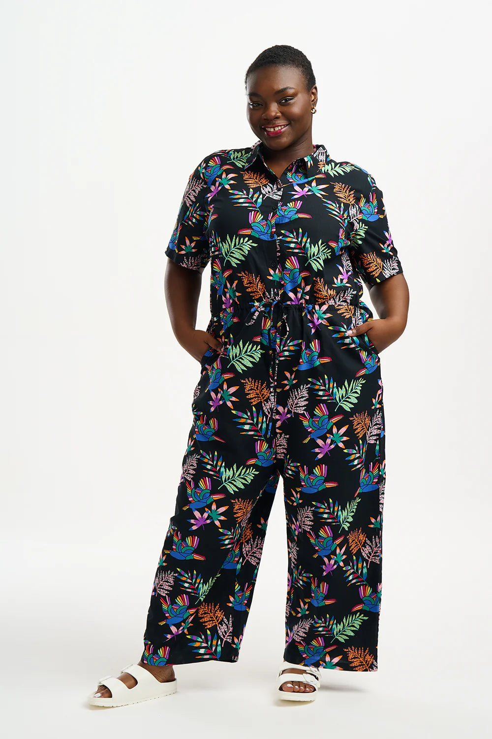 Thelma Jumpsuit - Black, Rainbow Toucans