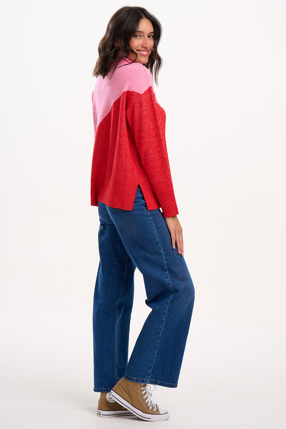 Winona Roll-Neck Jumper - Pink/Red, Colour Block