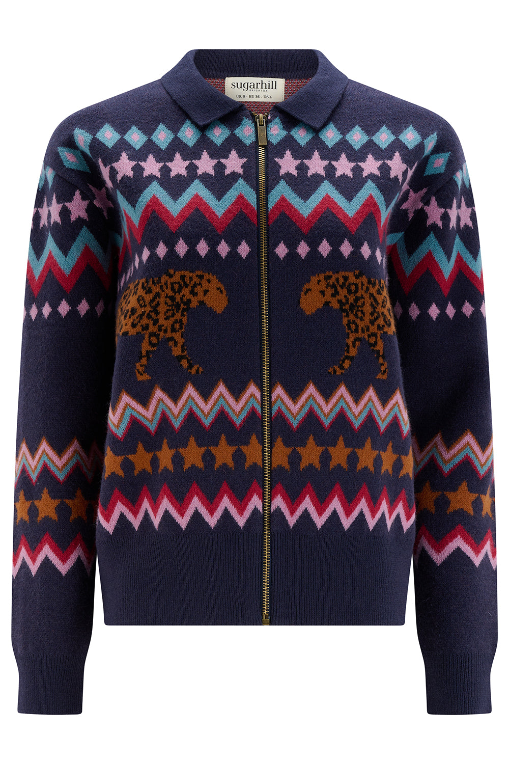 Katlin Knitted Bomber Jacket - Navy, Walking Leopards