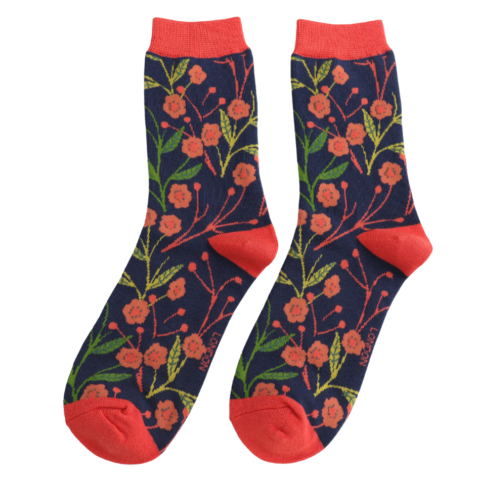 Lovely Floral Bamboo Socks Navy