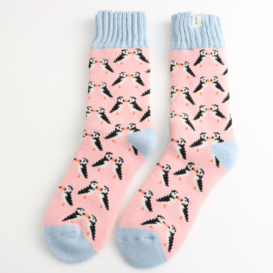 Winter Socks - Kissing Puffins Dusky Pink