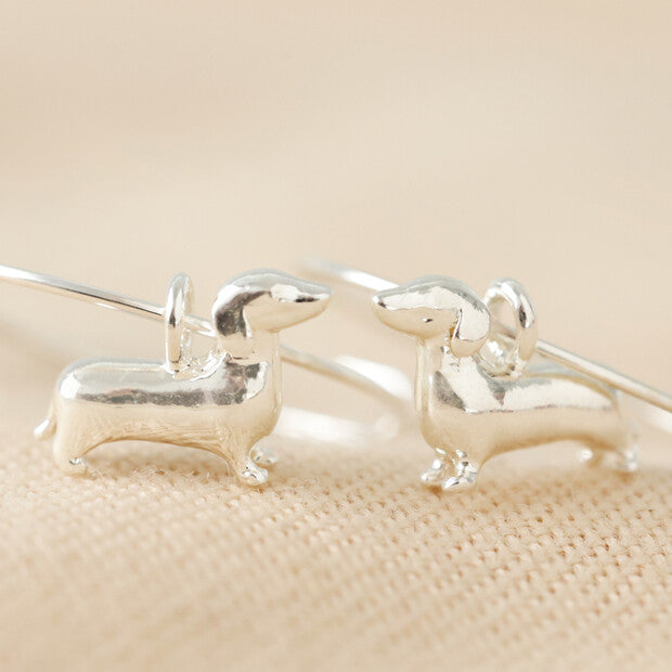 Sausage Dog Charm Hoop Earrings in Silver - Lisa Angel