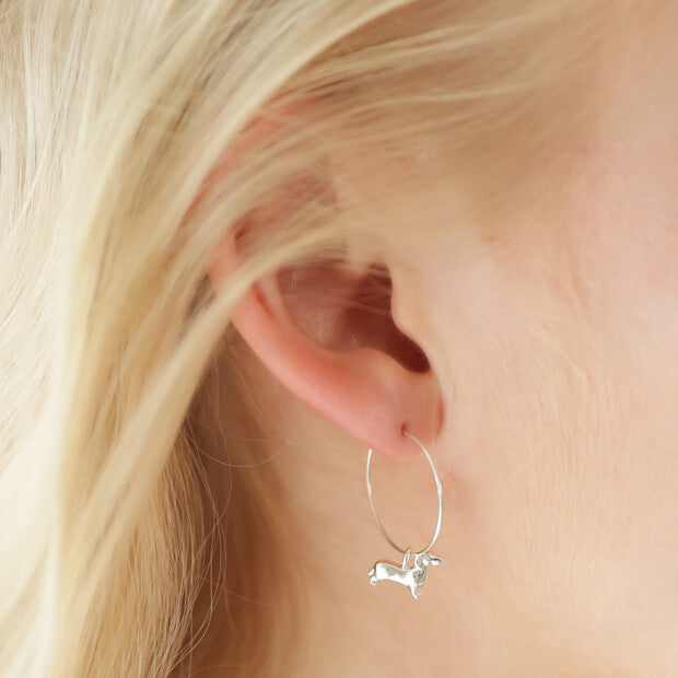 Sausage Dog Charm Hoop Earrings in Silver - Lisa Angel
