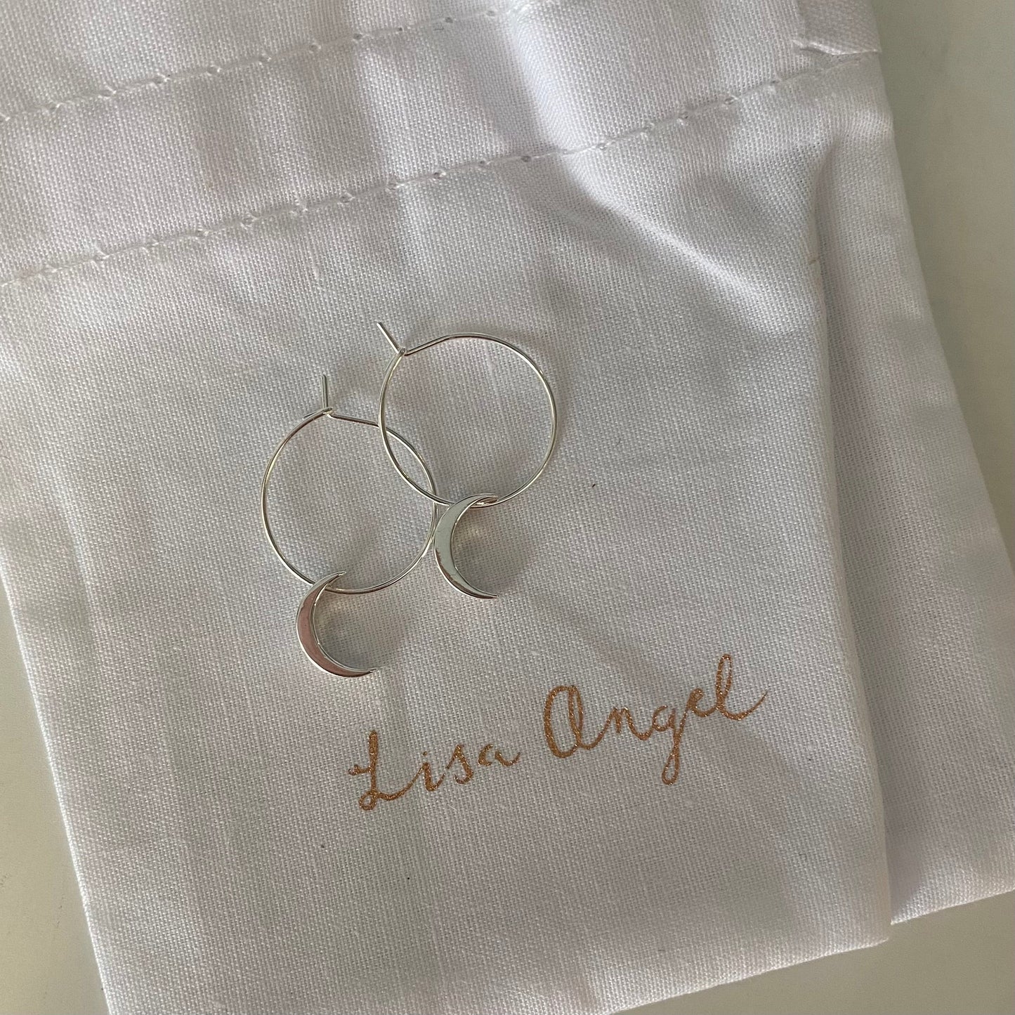 Silver Moon Charm Hoop Earrings - Lisa Angel