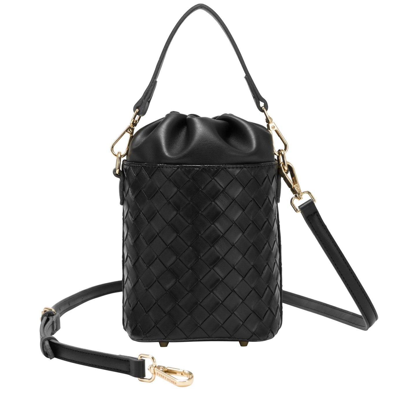 Woven Drawstring Bucket Bag - Black