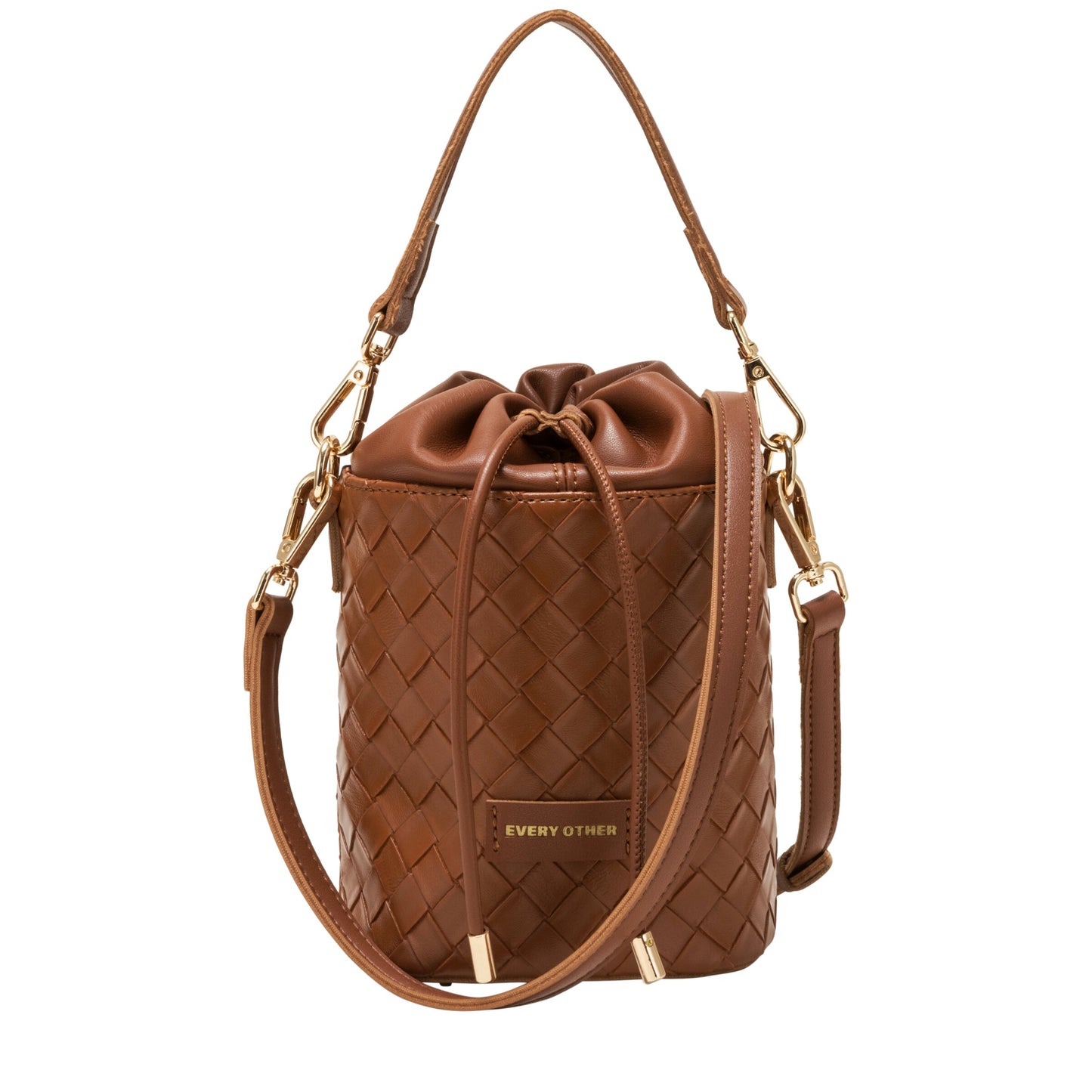 Woven Drawstring Bucket Bag - Brown