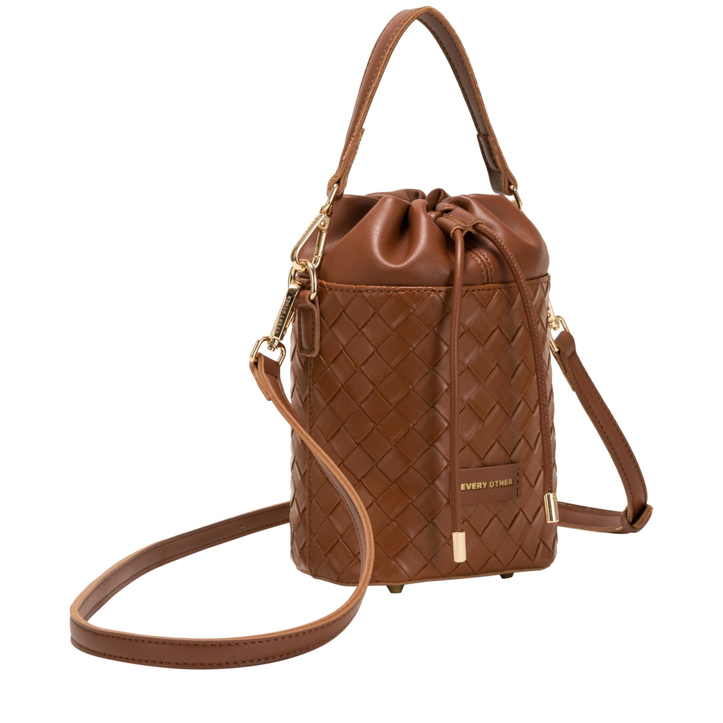 Woven Drawstring Bucket Bag - Brown