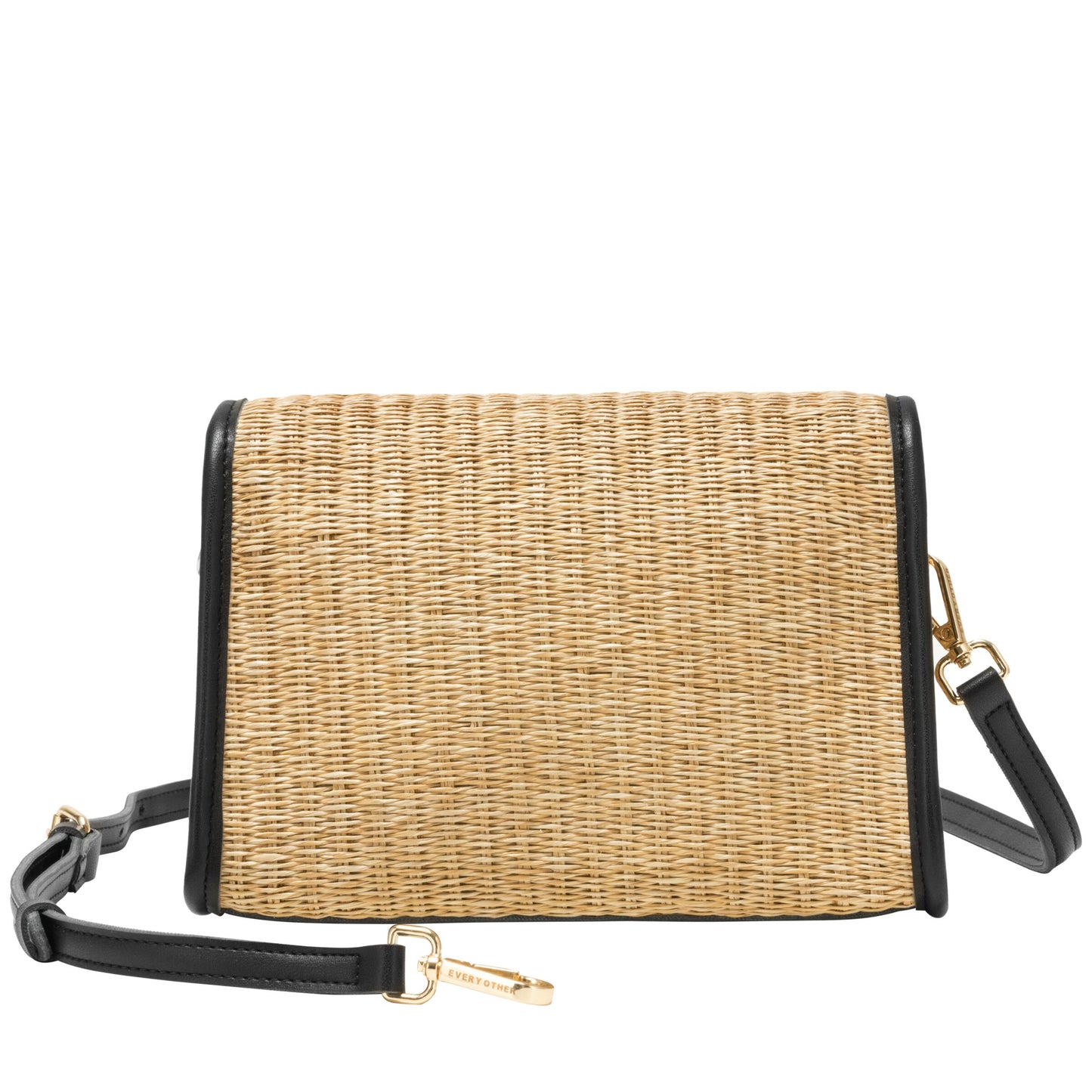 Straw Flap Over Cross Body Bag - Black