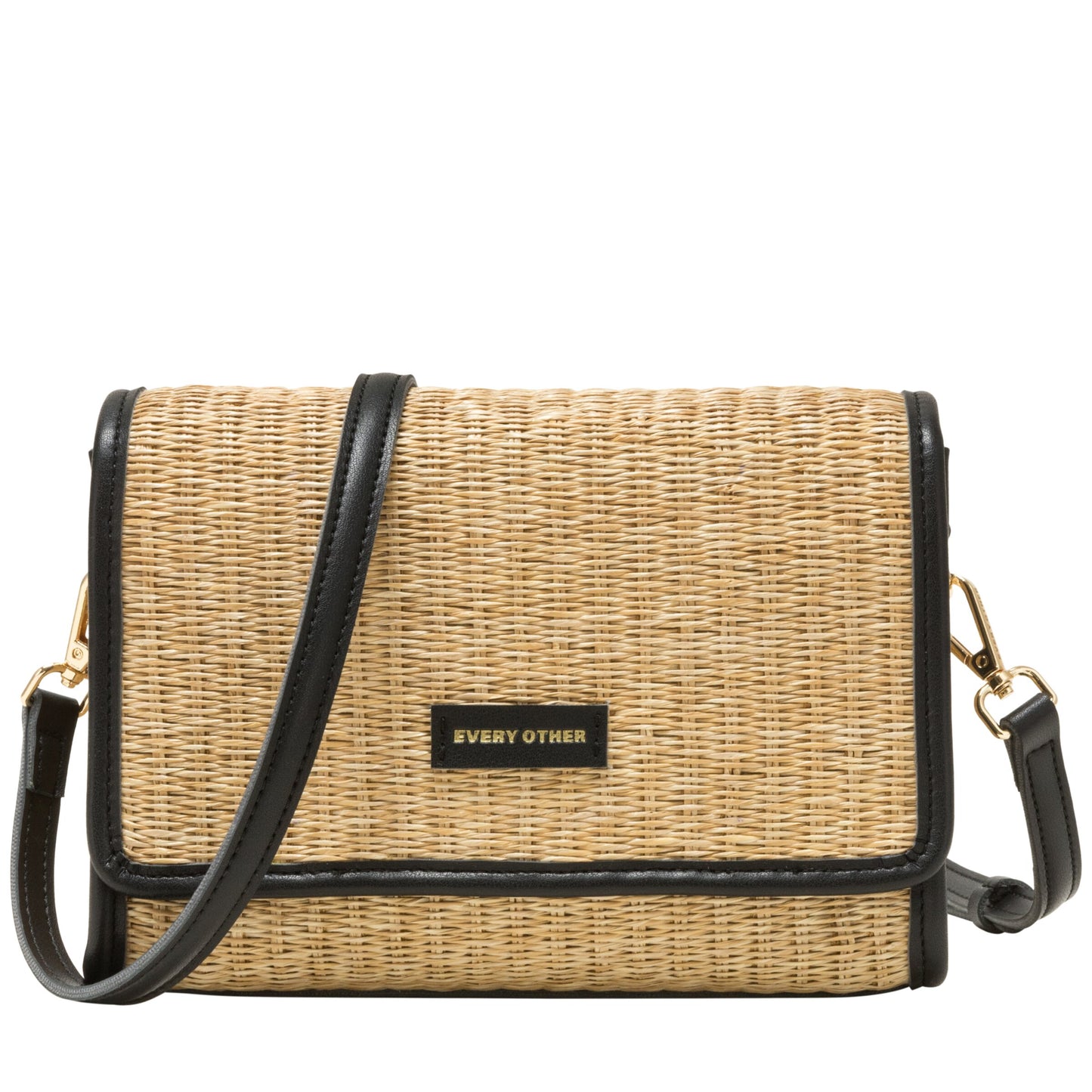 Straw Flap Over Cross Body Bag - Black
