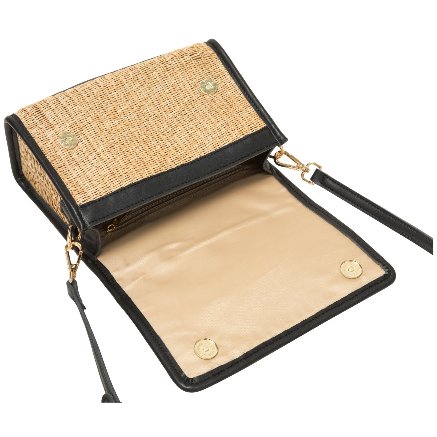 Straw Flap Over Cross Body Bag - Black