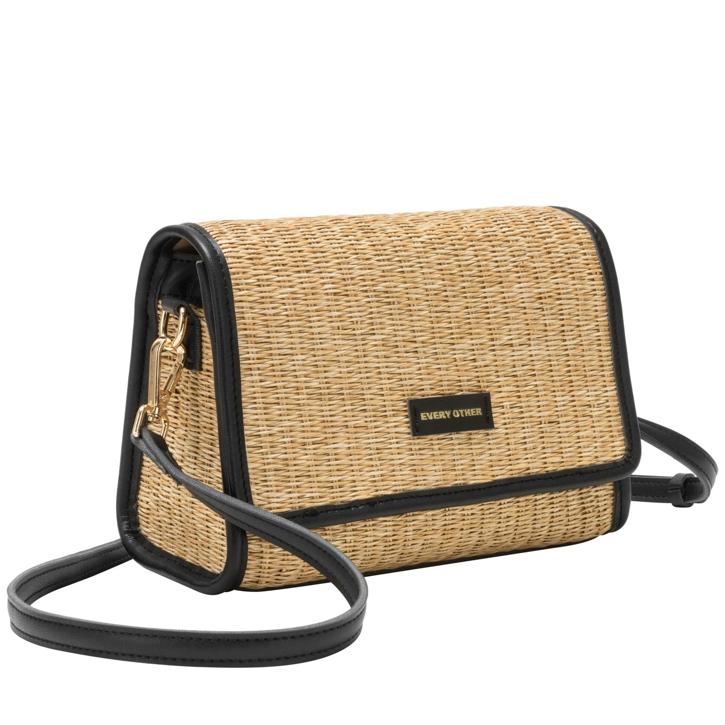 Straw Flap Over Cross Body Bag - Black