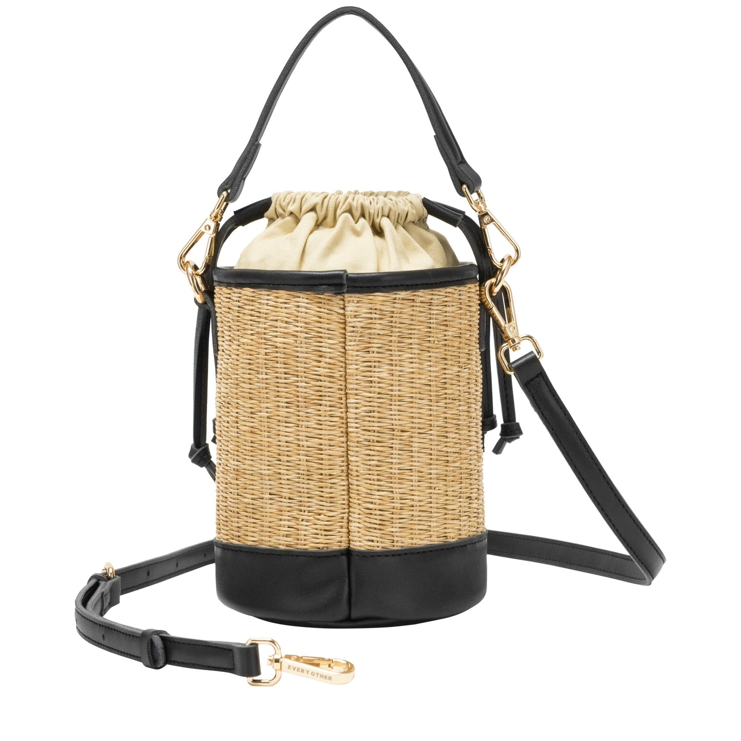 Straw Bucket Drawstring Bag- Black