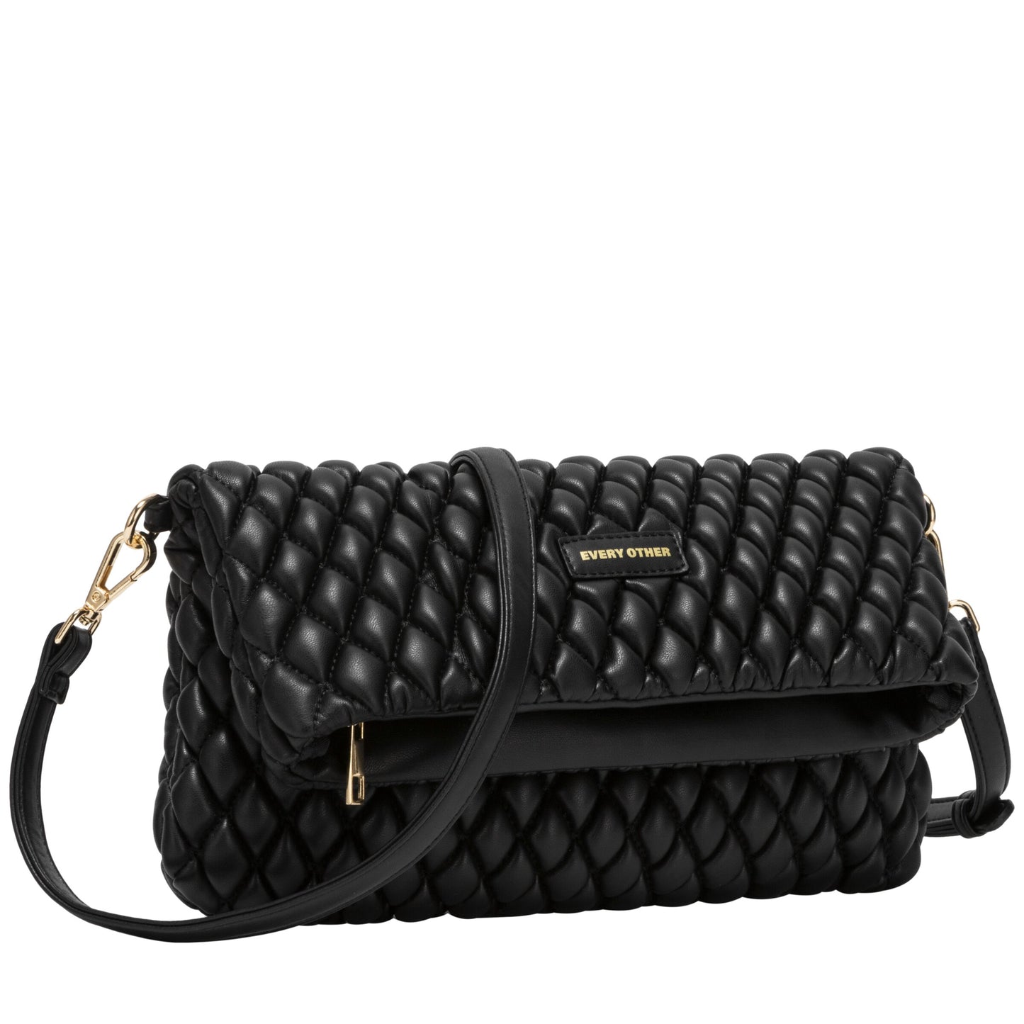 Quilted Flap Over Clutch Cross Body Bag - Black