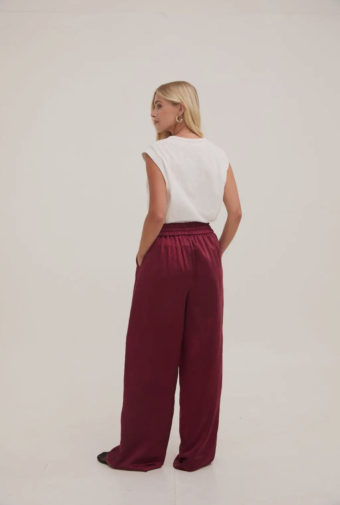 Ebba Satin Elasticated Waist Trousers - Burgundy
