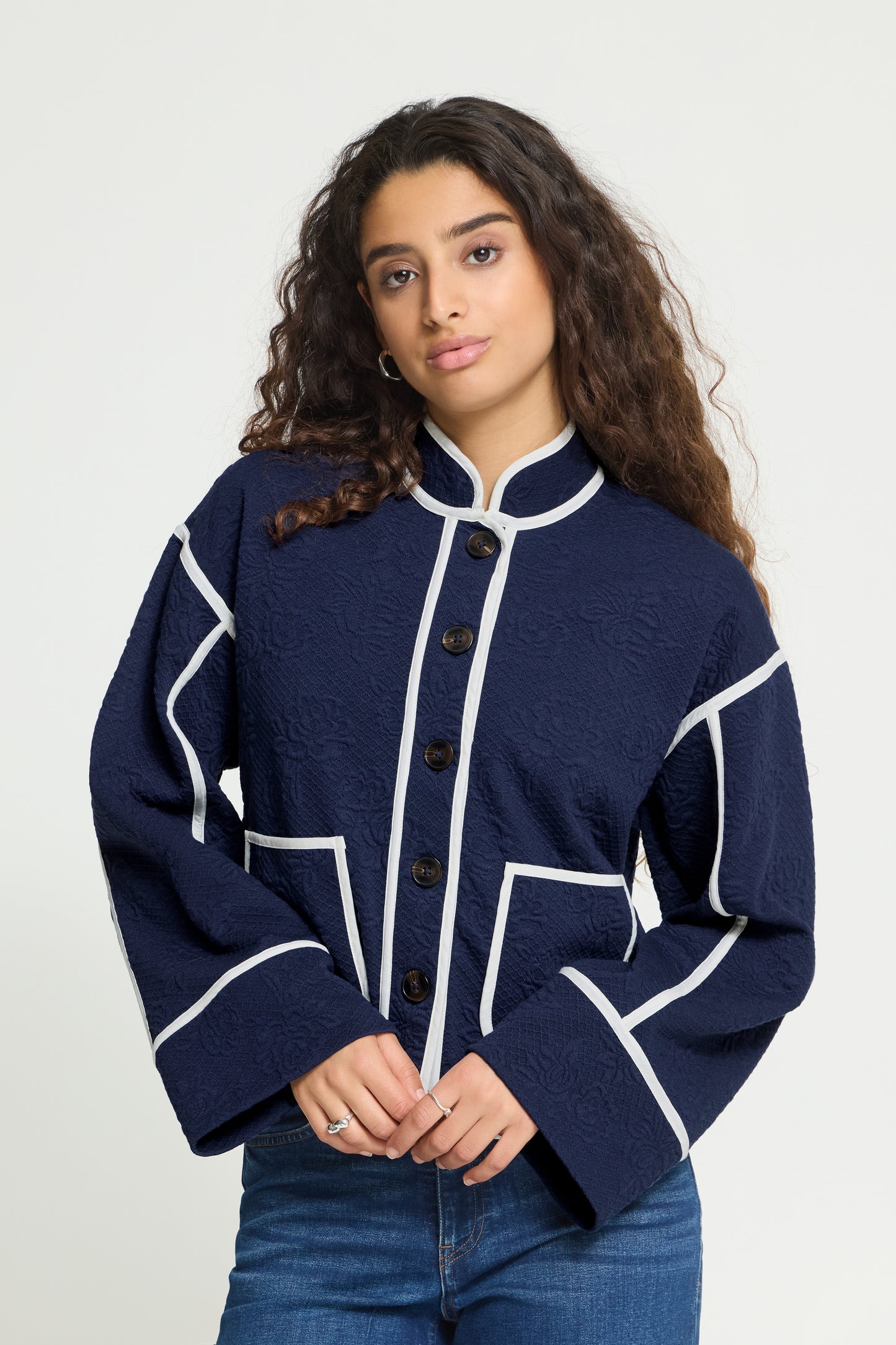 Ihkate Quilted Jacket - Navy with White Piping