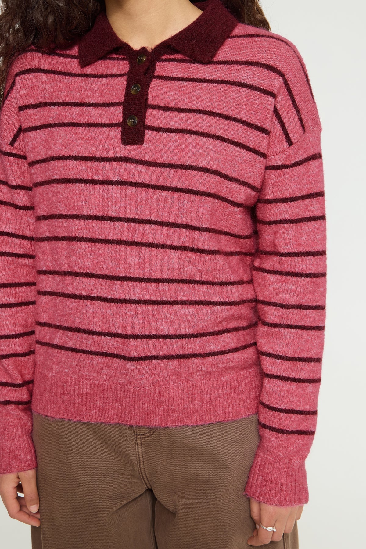 Ihsage Knitted Polo Shirt - Pink Stripe Jumper