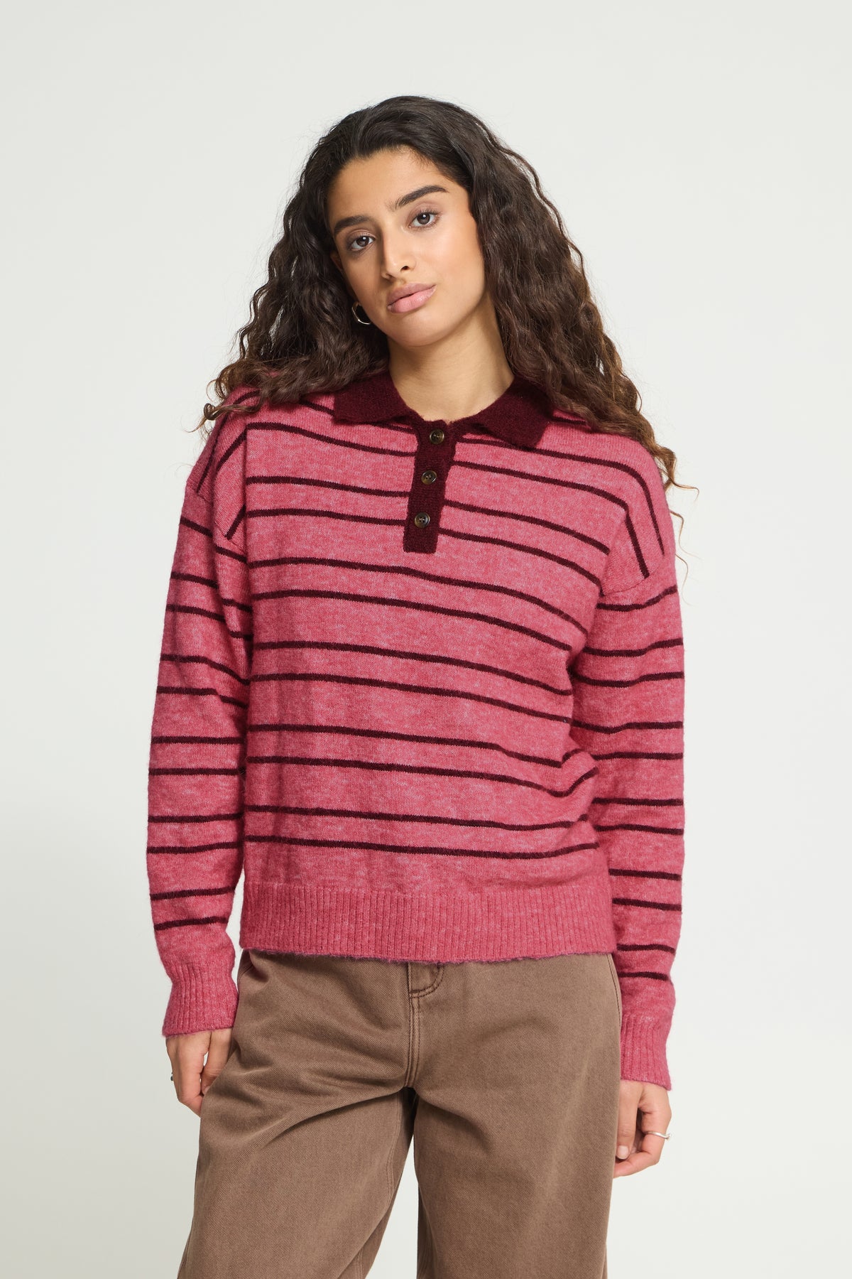 Ihsage Knitted Polo Shirt - Pink Stripe Jumper