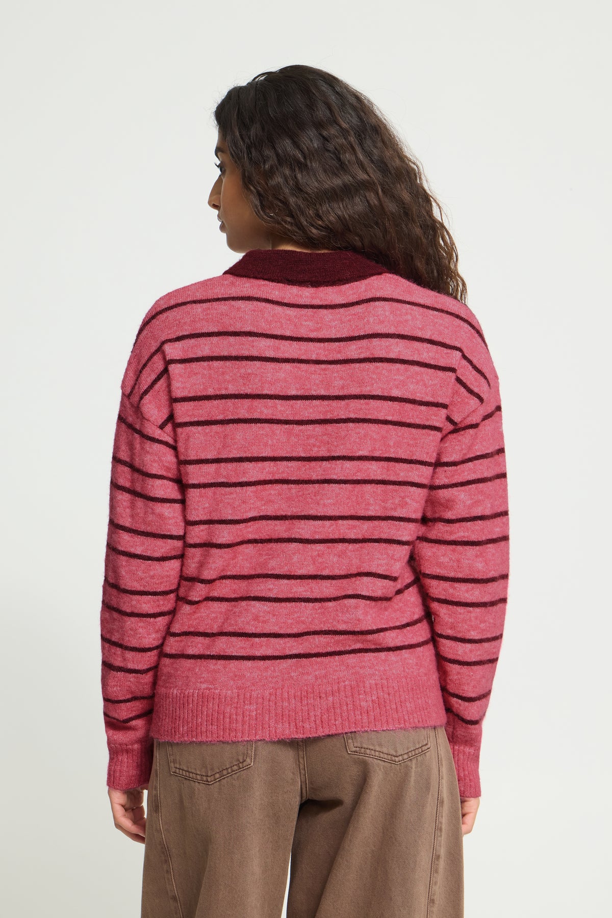 Ihsage Knitted Polo Shirt - Pink Stripe Jumper