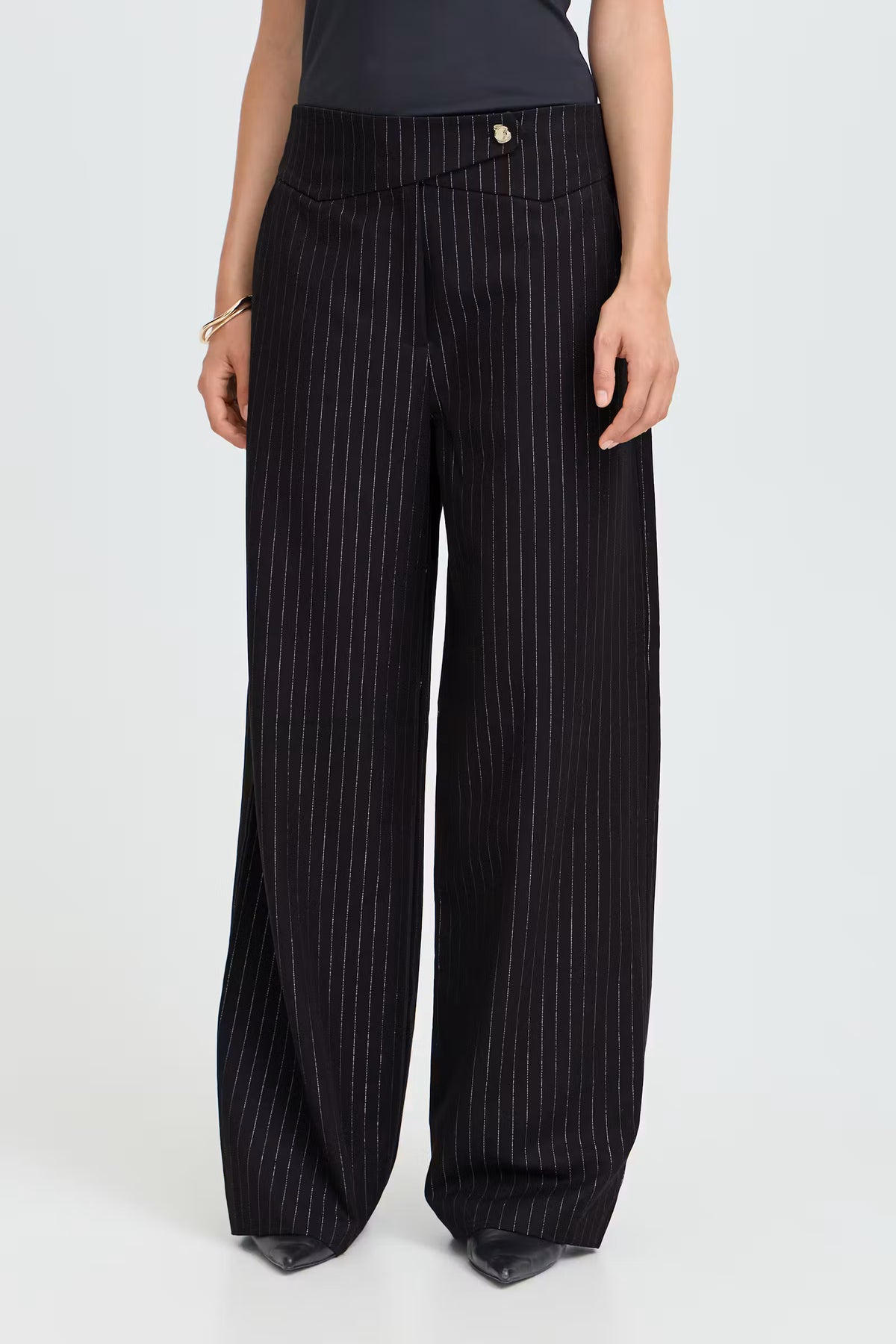 Frspin Trousers - Wide Leg Black Glitter Pin Stripe