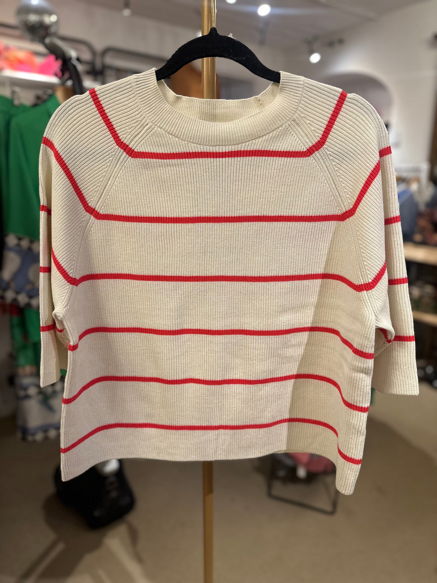 Ihboston Mid Sleeve Top - Birch with Teaberry Stripe