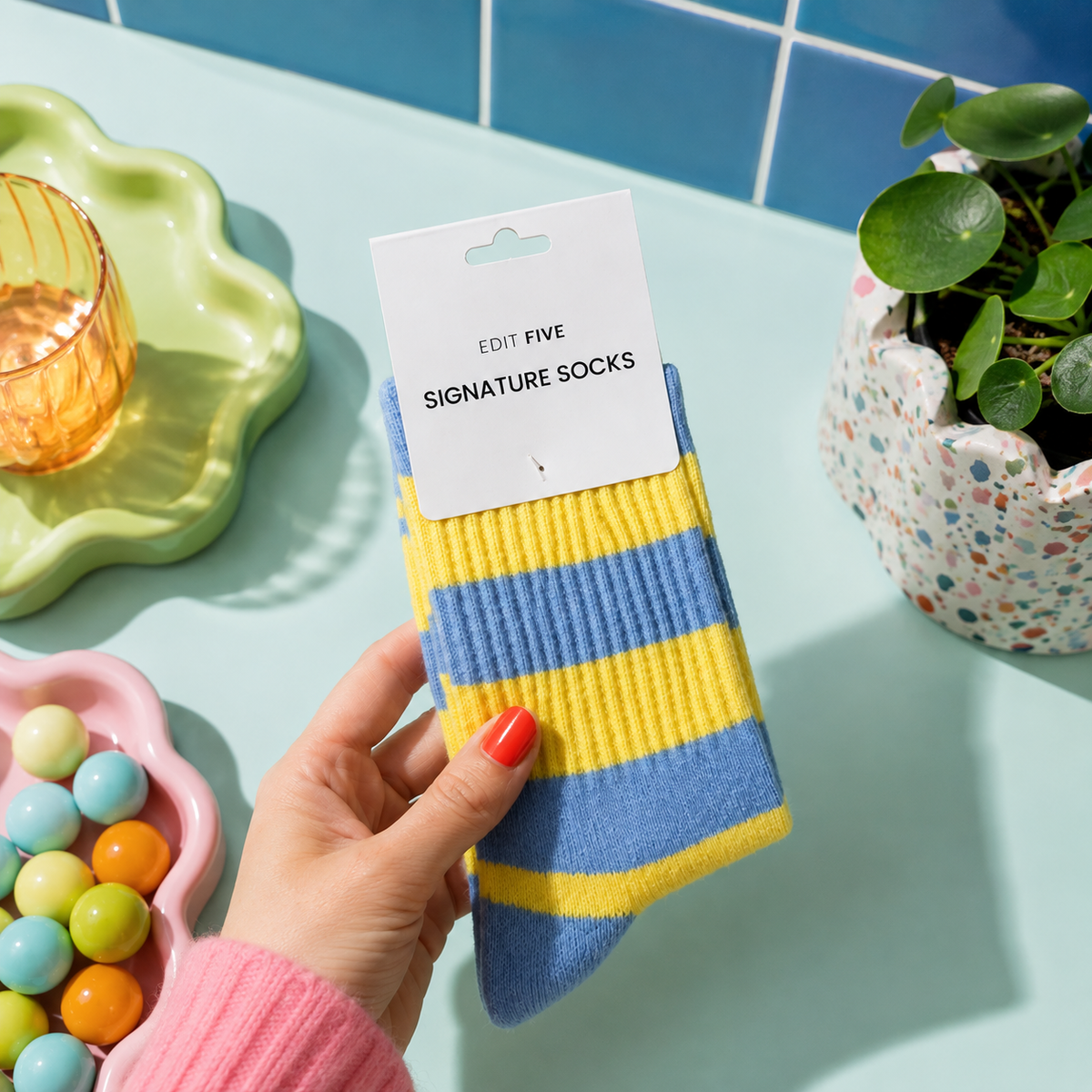 Wool Blend Socks - Blue and Yellow Striped