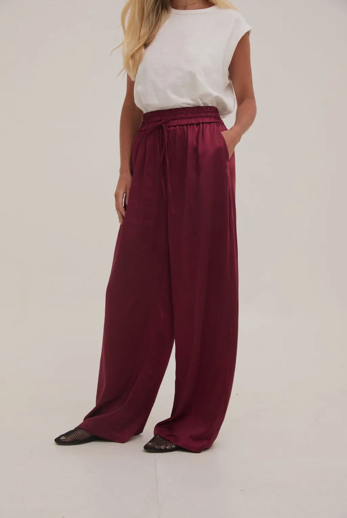 Ebba Satin Elasticated Waist Trousers - Burgundy